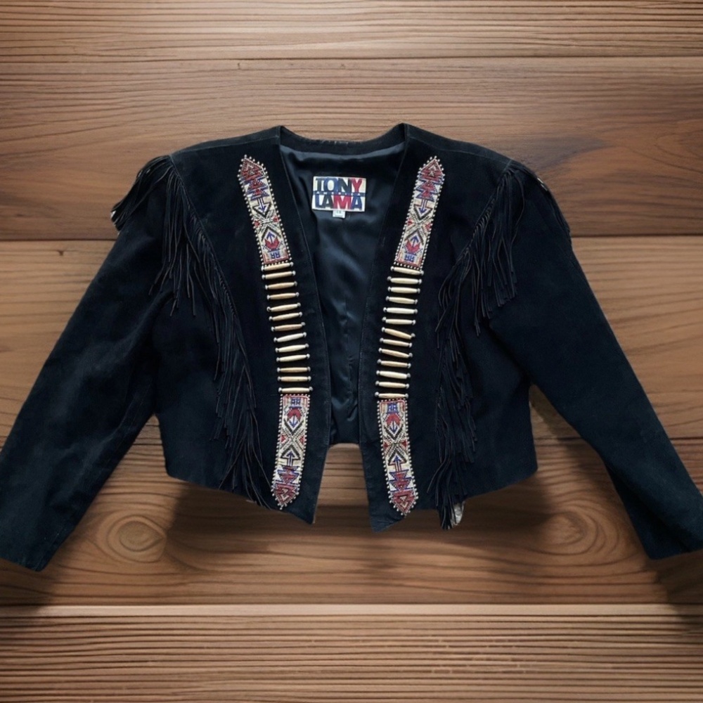 TONY LAMA Women's 14 Southwest Fringed Beaded Black Suede Leather Bolero Jacket